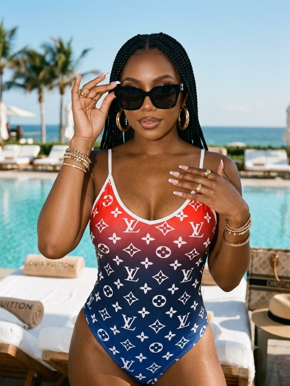 LV logo Red-to-Blue Ombre Monogram One-Piece Swimsuit